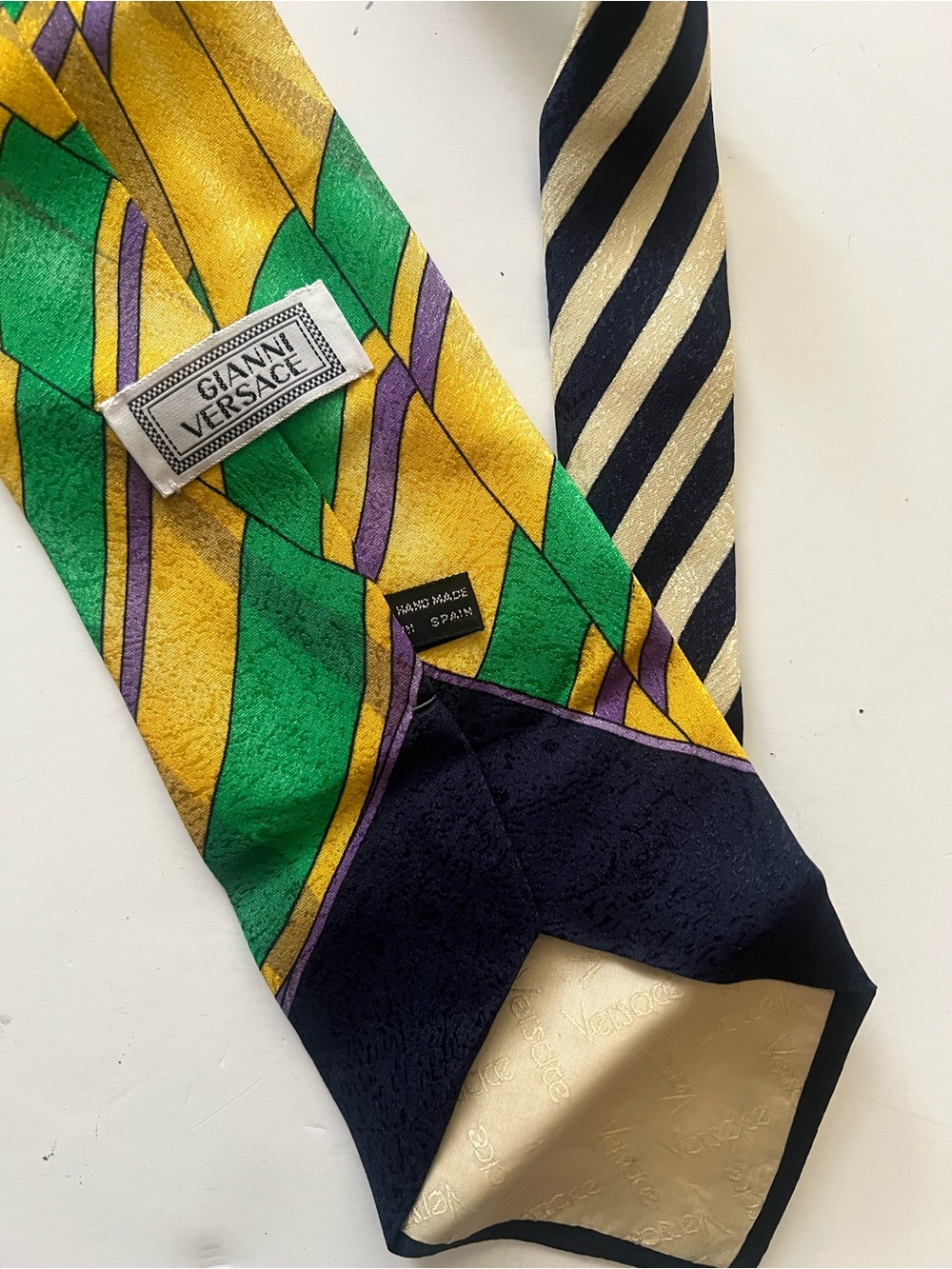 Vintage Gianni Versace Green, Yellow & Navy Patterned Silk Tie